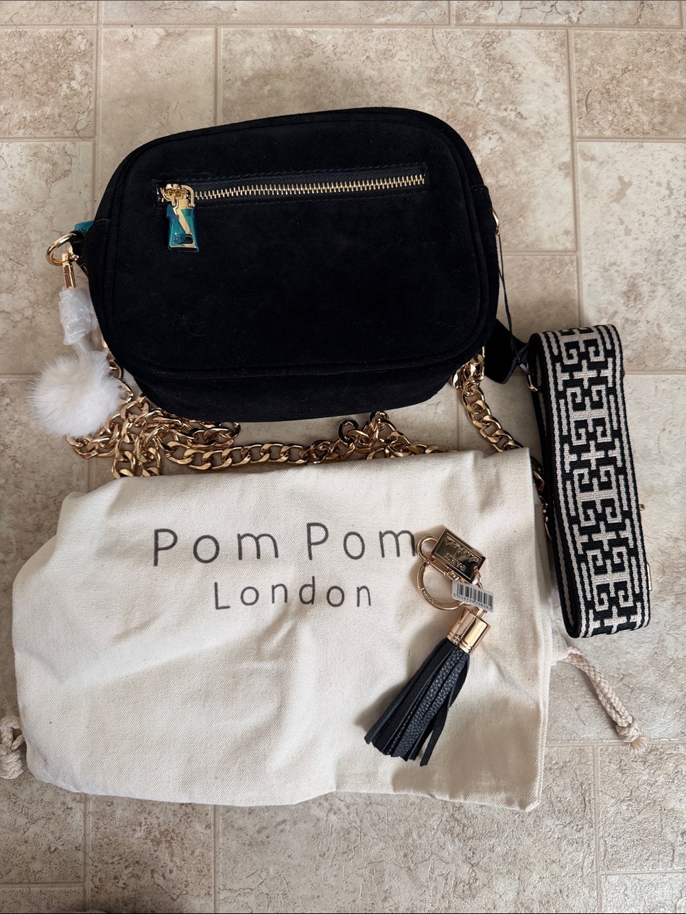 Pom Pom London Black Suede Crossbody with Gold Chain and Pom Charm